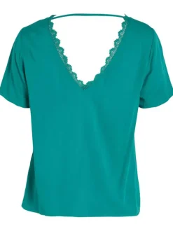T-shirt vert avec empiècement en dentelle à coupe droite et col v