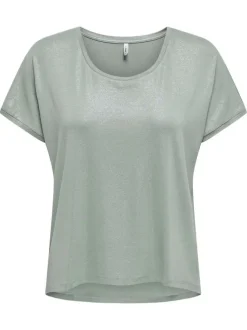 T-shirt vert d'eau satiné avec une coupe ample et un col rond large