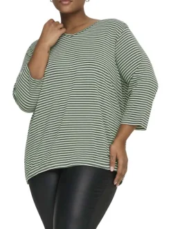 T-shirt vert et blanc pourvu d'un motif à rayures et de manches 3/4
