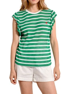 T-shirt vert rayé avec une coupe droite un col rond et des manches courtes