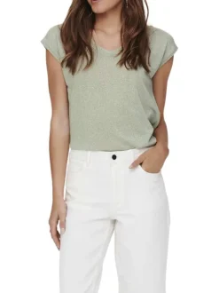 T-shirt vert rayé coupe droite col V à manches courtes en lurex