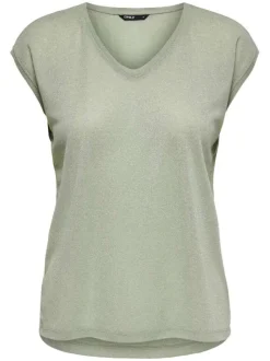 T-shirt vert rayé coupe droite col V à manches courtes en lurex