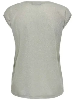 T-shirt vert rayé coupe droite col V à manches courtes en lurex