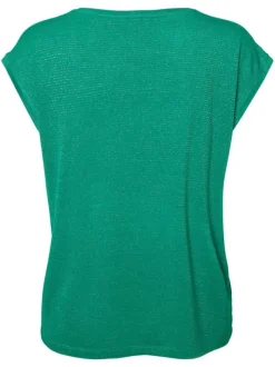 T-shirt vert rayé coupe droite col V à manches courtes en lurex