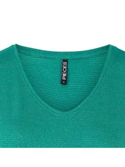 T-shirt vert rayé coupe droite col V à manches courtes en lurex