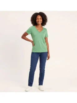 T-shirt vert rayé coupe droite col V à manches courtes en lurex