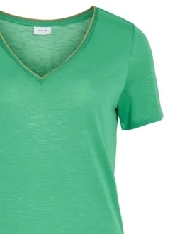 T-shirt vert rayé coupe droite col V à manches courtes en lurex