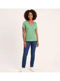 T-shirt vert rayé coupe droite col V à manches courtes en lurex