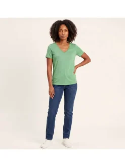 T-shirt vert rayé coupe droite col V à manches courtes en lurex