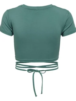T-shirt vert uni col rond crop top à manches courtes avec lien à la taille