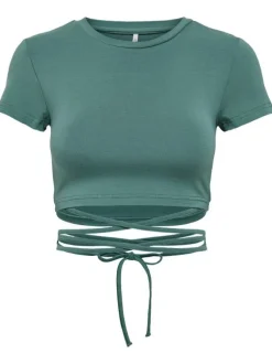 T-shirt vert uni col rond crop top à manches courtes avec lien à la taille