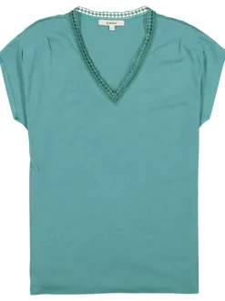 T-shirt vert uni coupe droite avec un col v et manches coupes diagonales