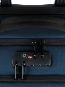 Valise bleue unie à roulettes pourvue d'une fermeture zippée et à code