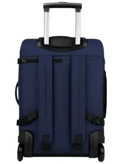 Valise à roulettes S bleue marine unie avec des bretelles au dos