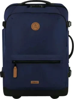 Valise à roulettes S bleue marine unie avec des bretelles au dos