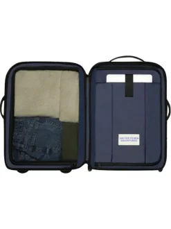 Valise à roulettes S bleue marine unie avec des bretelles au dos