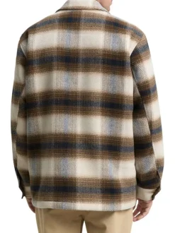 Veste beige à motif écossais avec un col chemise et manches longues
