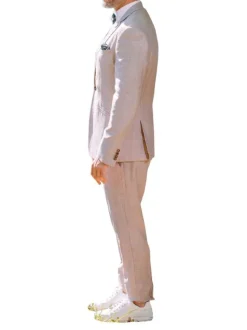 Veste blazer complet rose unie coupe ajustée avec un col cubain
