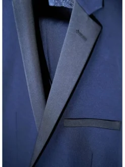 Veste blazer de costume bleue unie avec un col cubain et à manches longues
