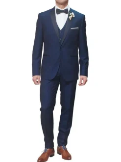 Veste blazer de costume bleue unie avec un col cubain et à manches longues