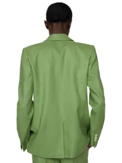 Veste blazer en lin vert uni avec une oupe droite et des manches
