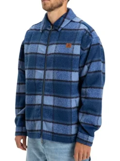 Veste bleu marine à carreaux effet lainage avec un col chemise