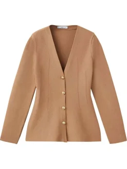 Veste camel coupe ajustée pourvue d'un col v et de manches longues