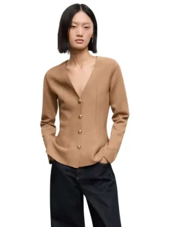 Veste camel coupe ajustée pourvue d'un col v et de manches longues