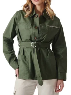 Veste Coral kaki unie à coupe droite col français et à manches longues