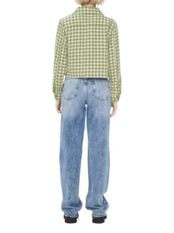 Veste courte verte à imprimé pied de poule avec un col à revers et des poches