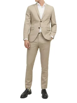 Veste de costume en laine mélangée beige avec coupe slim fit et col cranté