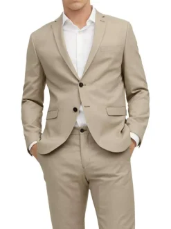 Veste de costume en laine mélangée beige avec coupe slim fit et col cranté