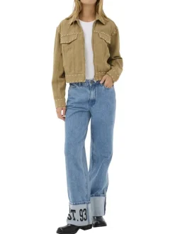 Veste en coton camel unie pourvue d'une coupe droite et d'un col chemise