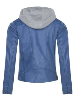 Veste en cuir bleue ciel unie doublée avec une coupe ajustée et un col à capuche