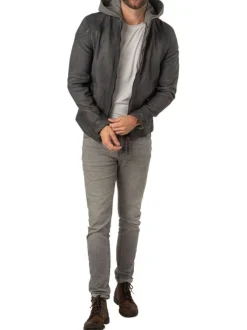 Veste en cuir de mouton gris uni à coupe regular fit avec col à capuche amovible