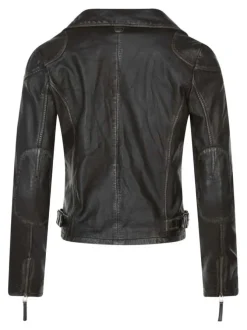 Veste en cuir de mouton noire unie avec une coupe droite et un col à revers