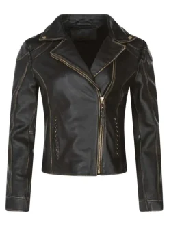 Veste en cuir de mouton noire unie avec une coupe droite et un col à revers