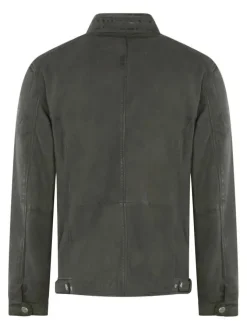 Veste en cuir de mouton olive unie avec une coupe droite et un col montant