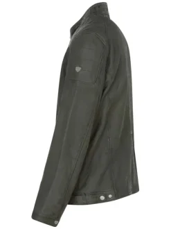 Veste en cuir de mouton olive unie avec une coupe droite et un col montant