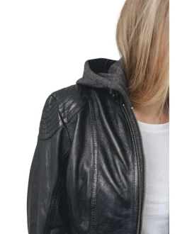 Veste en cuir souple avec une capuche amovible en sweat zippé