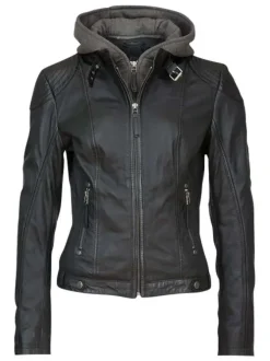 Veste en cuir souple avec une capuche amovible en sweat zippé