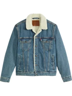Veste en jean bleue en coton avec une coupe droite et un col à revers en sherpa