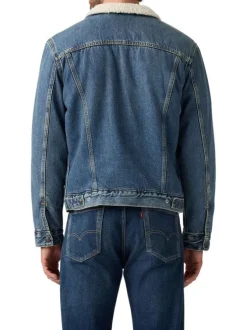 Veste en jean bleue en coton avec une coupe droite et un col à revers en sherpa