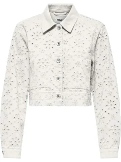 Veste en jean courte en coton blanche avec de la broderie ajourée et des poches