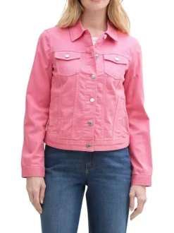 Veste en jean courte en coton rose unie avec un col à revers