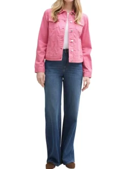 Veste en jean courte en coton rose unie avec un col à revers