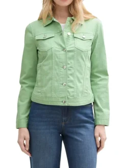 Veste en jean courte en coton verte unie avec un col à revers