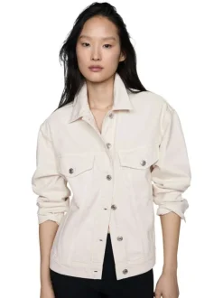 Veste en jean en coton écrue unie à col français avec deux poches boutonnées