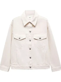 Veste en jean en coton écrue unie à col français avec deux poches boutonnées