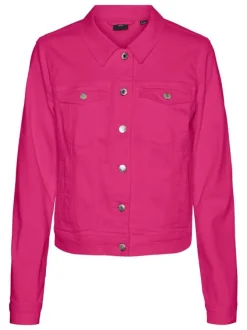 Veste en jean fuchsia en coton mélangé avec une coupe droite et un col français